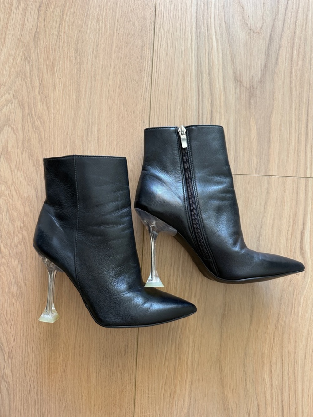 Nine West Black Leather Ankle Boots with Clear Sculpted Heel